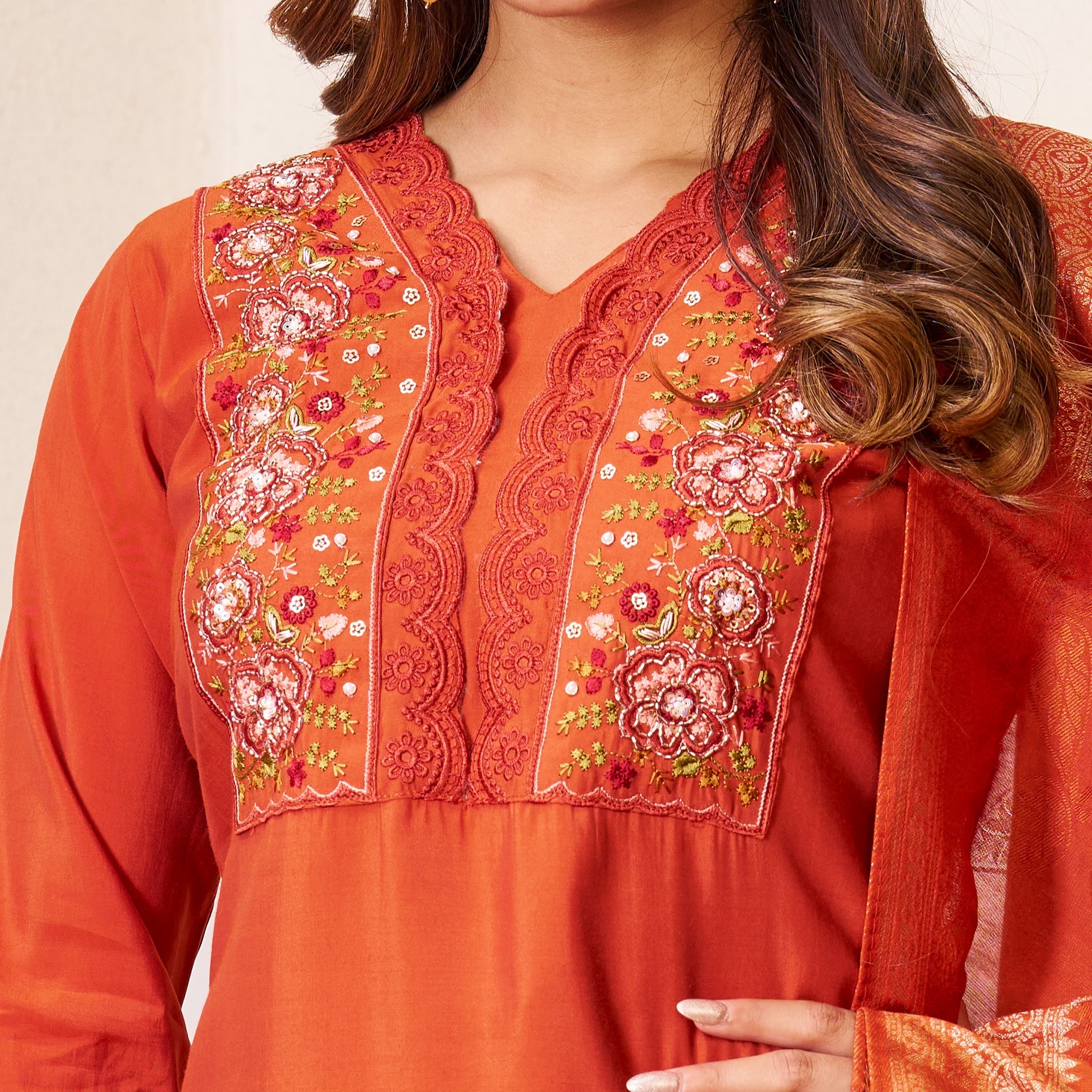 Vedant Vastram Roman Silk Hand Work & Embroidery Work Stitched Kurta Pant Dupatta Set-Coral Red