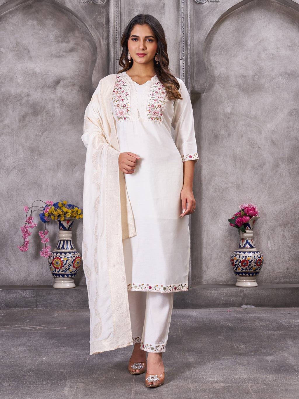 Vedant Vastram Roman Silk Hand Work & Embroidery Work Stitched Kurta Pant Dupatta Set-White