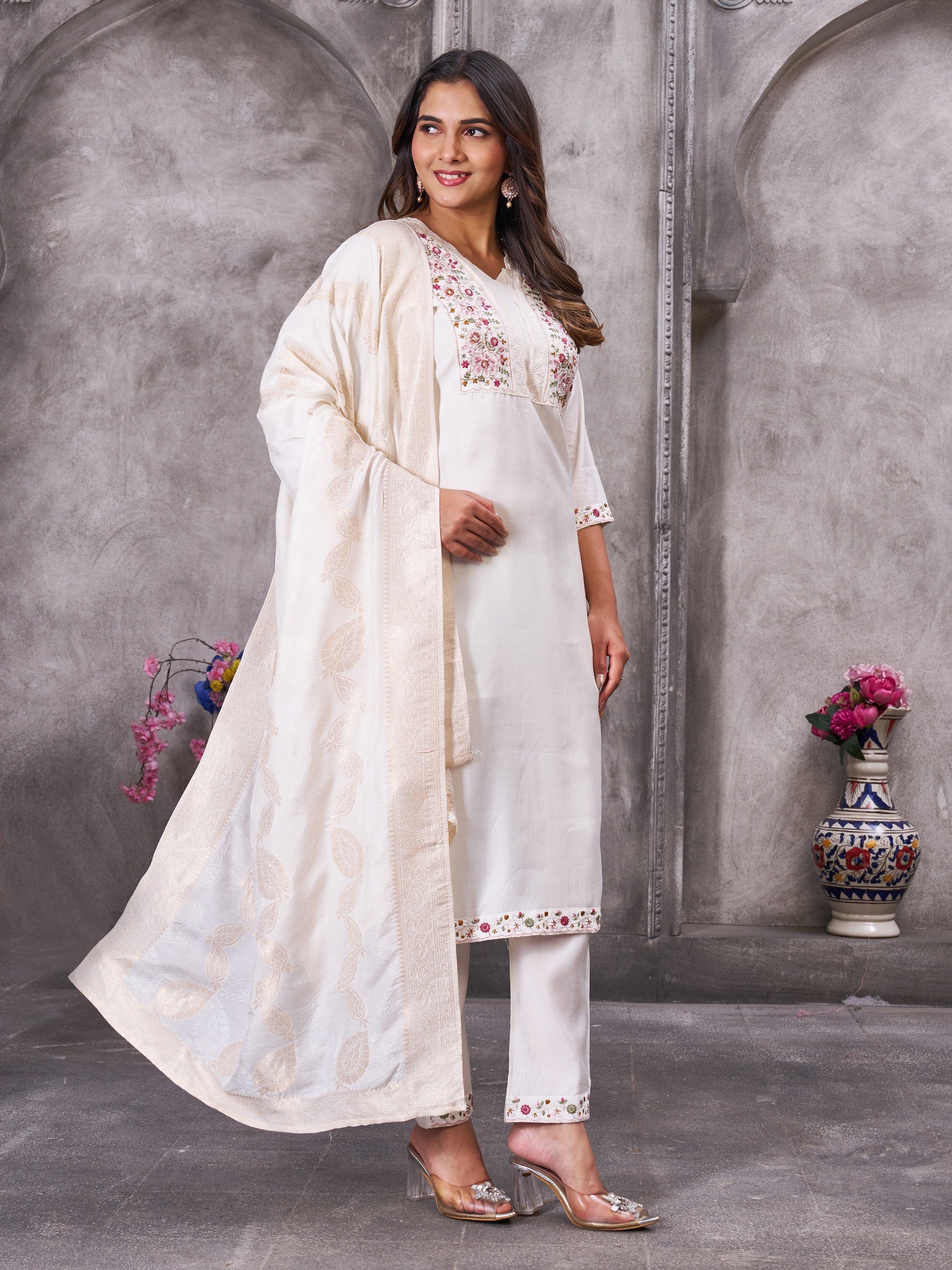Vedant Vastram Roman Silk Hand Work & Embroidery Work Stitched Kurta Pant Dupatta Set-White