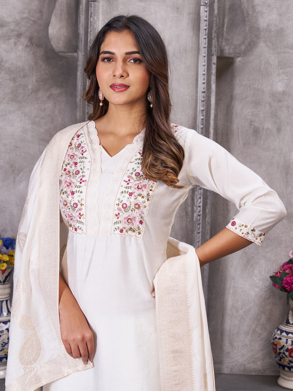 Vedant Vastram Roman Silk Hand Work & Embroidery Work Stitched Kurta Pant Dupatta Set-White