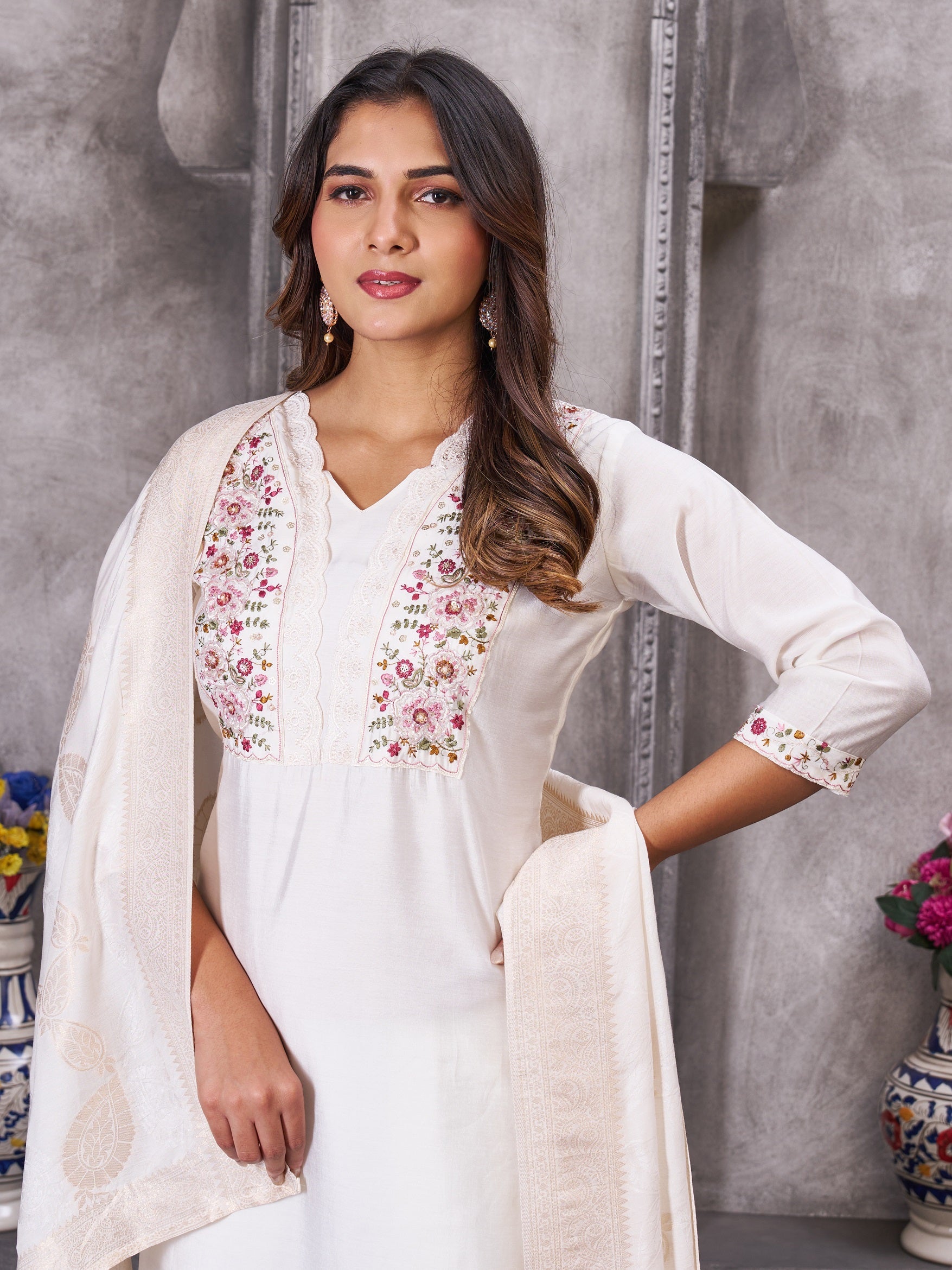 Vedant Vastram Roman Silk Hand Work & Embroidery Work Stitched Kurta Pant Dupatta Set-White