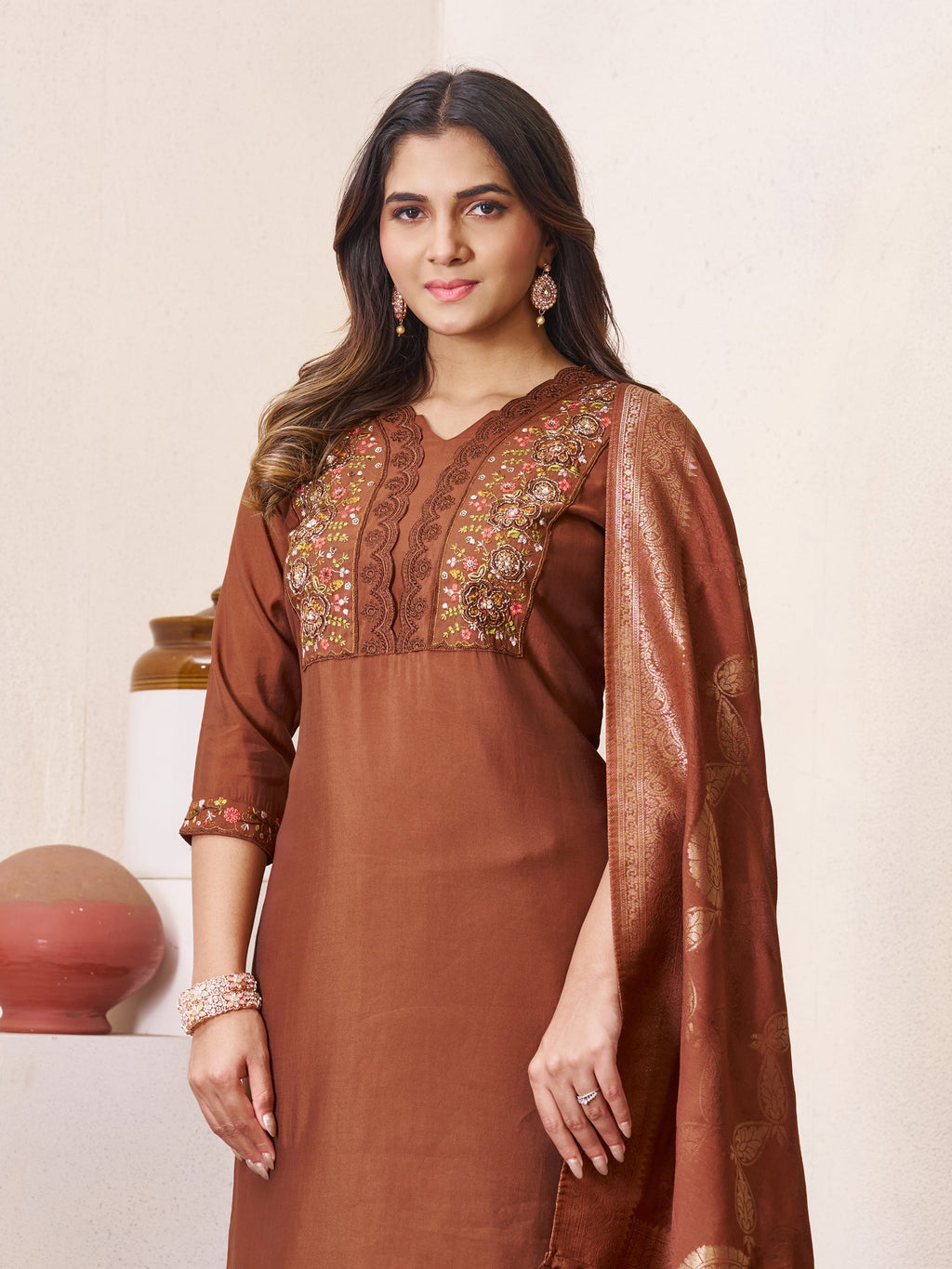 Lorenvalley Fashion Coffee Roman Silk Multi Embroidery Sequins With Hand Work Kurta Pant Dupatta