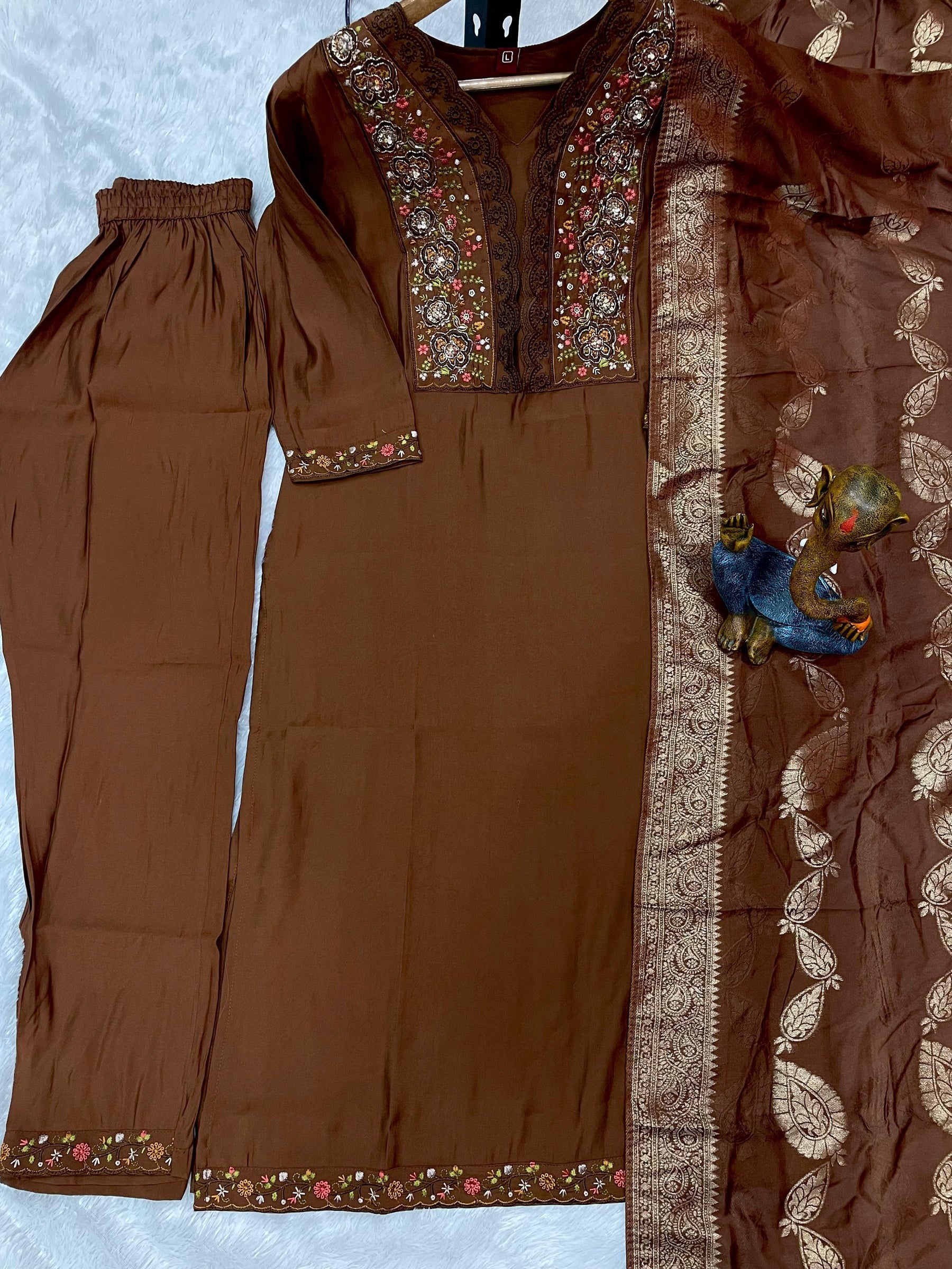 Lorenvalley Fashion Coffee Roman Silk Multi Embroidery Sequins With Hand Work Kurta Pant Dupatta