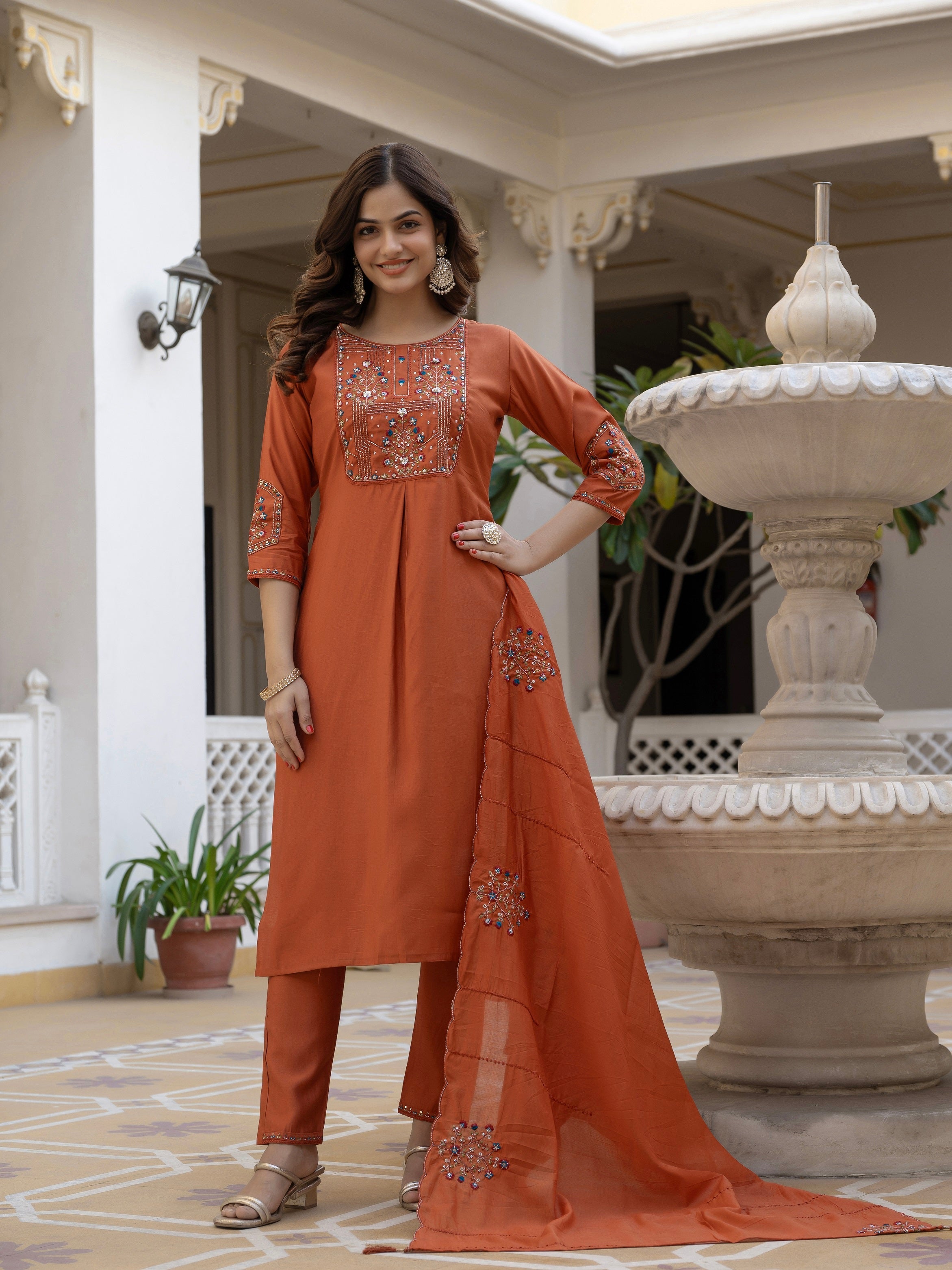 Vedant Vastram Viscose Silk Hand Work & Embroidery Work Stitched Salwar Suit Set-Rust
