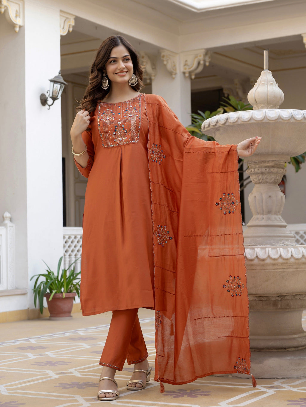 Vedant Vastram Viscose Silk Hand Work & Embroidery Work Stitched Salwar Suit Set-Rust