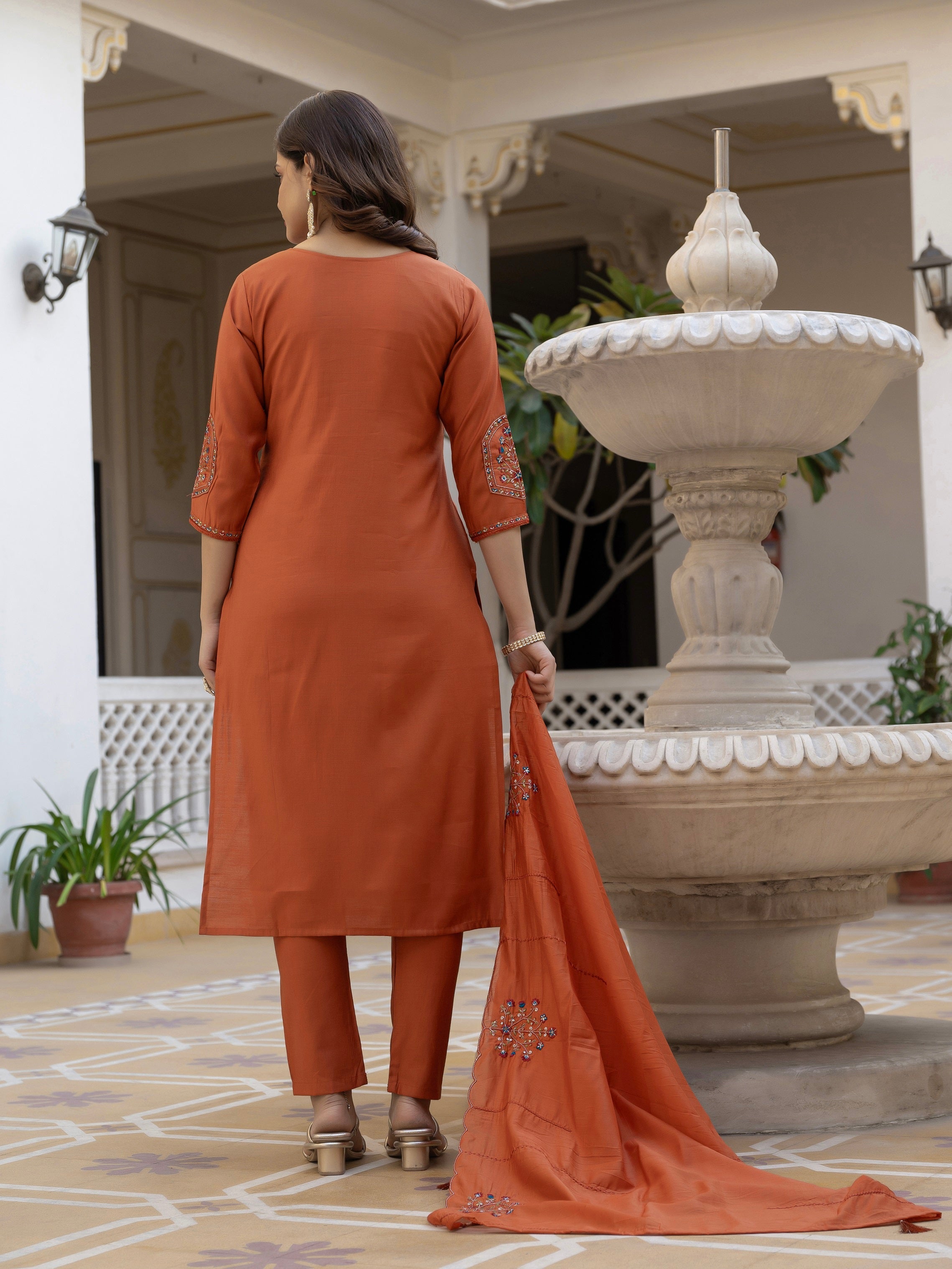 Vedant Vastram Viscose Silk Hand Work & Embroidery Work Stitched Salwar Suit Set-Rust