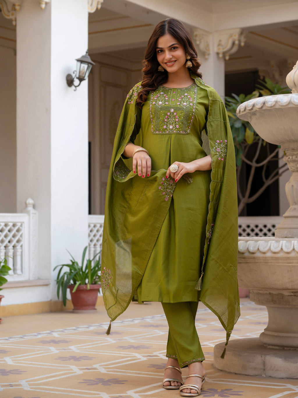 Lorenvalley Fashion Mehendi Viscose Mango Silk Multi Embroidery Sequins With Hand Work Kurta Pant Dupatta