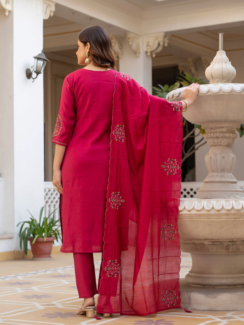 Lorenvalley Fashion Ranipink Viscose Mango Silk Multi Embroidery Sequins With Hand Work Kurta Pant Dupatta