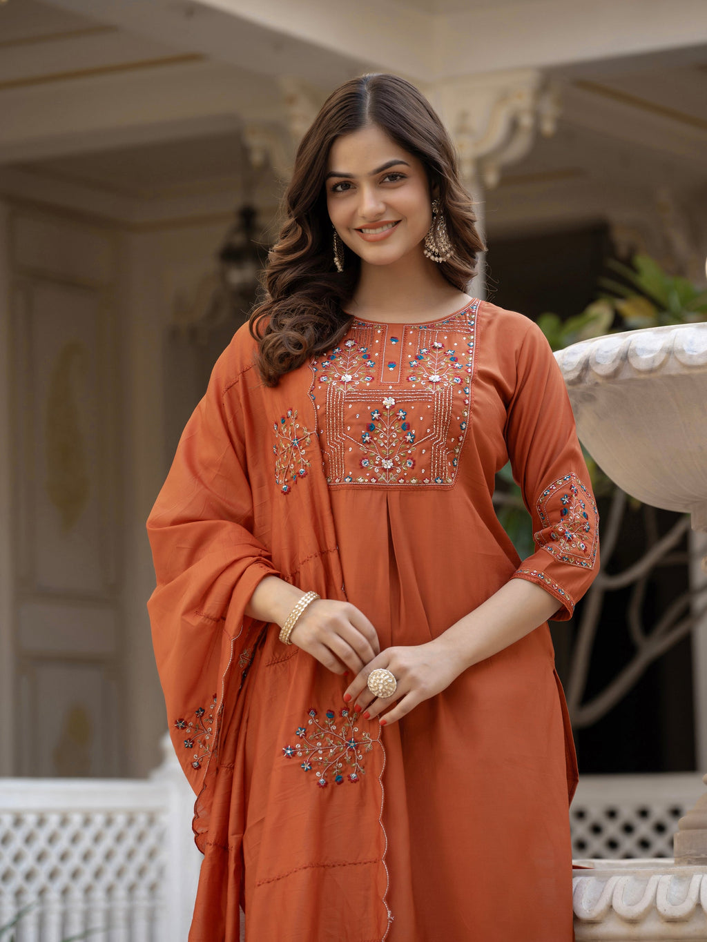 Lorenvalley Fashion Rust Viscose Mango Silk Multi Embroidery Sequins With Hand Work Kurta Pant Dupatta