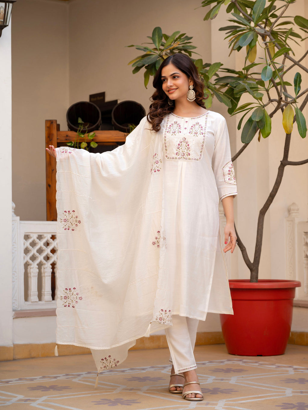 Lorenvalley Fashion White Viscose Mango Silk Multi Embroidery Sequins With Hand Work Kurta Pant Dupatta