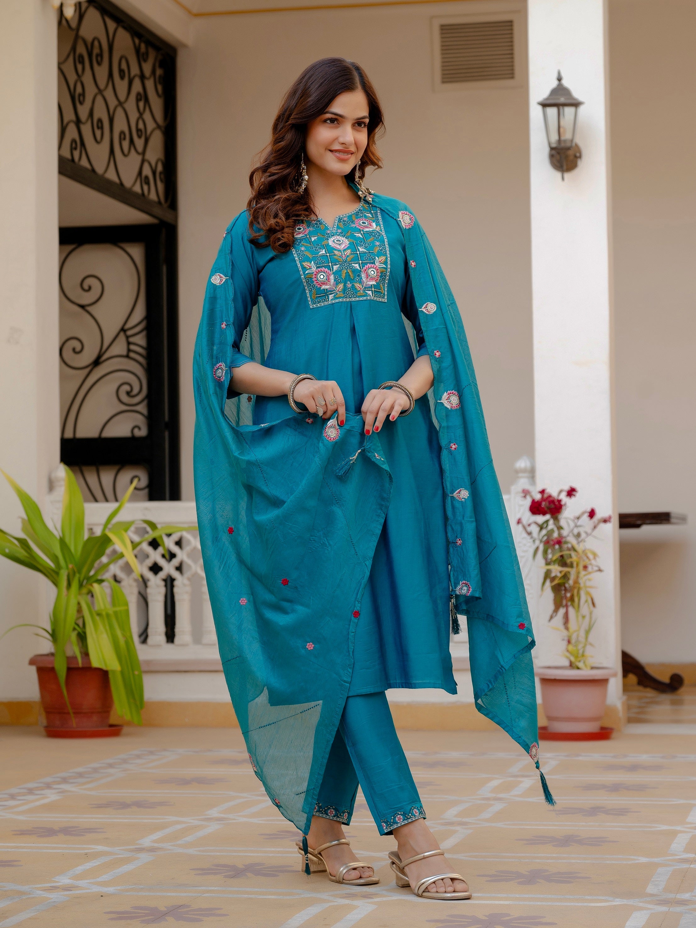 Vedant Vastram Viscose Silk Embroidery & Sequence Work Stitched Salwar Suit Set-Firozi