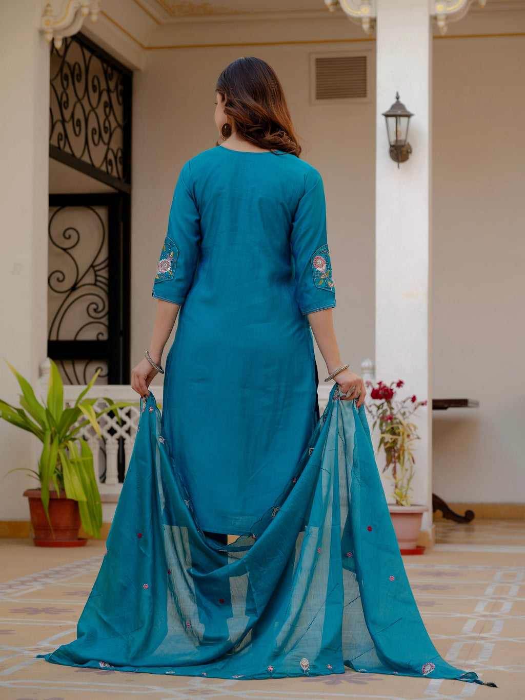 Vedant Vastram Viscose Silk Embroidery & Sequence Work Stitched Salwar Suit Set-Firozi