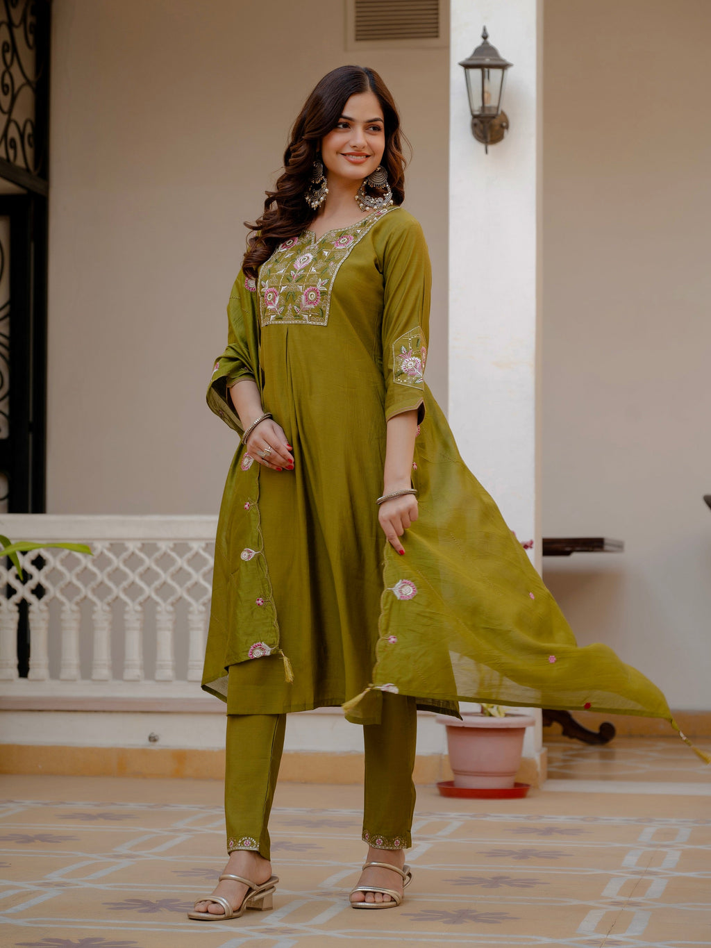 Vedant Vastram Viscose Silk Embroidery & Sequence Work Stitched Salwar Suit Set-Mehandi