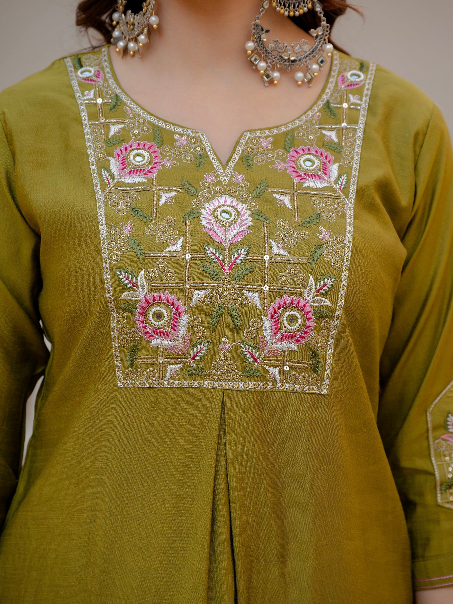 Vedant Vastram Viscose Silk Embroidery & Sequence Work Stitched Salwar Suit Set-Mehandi