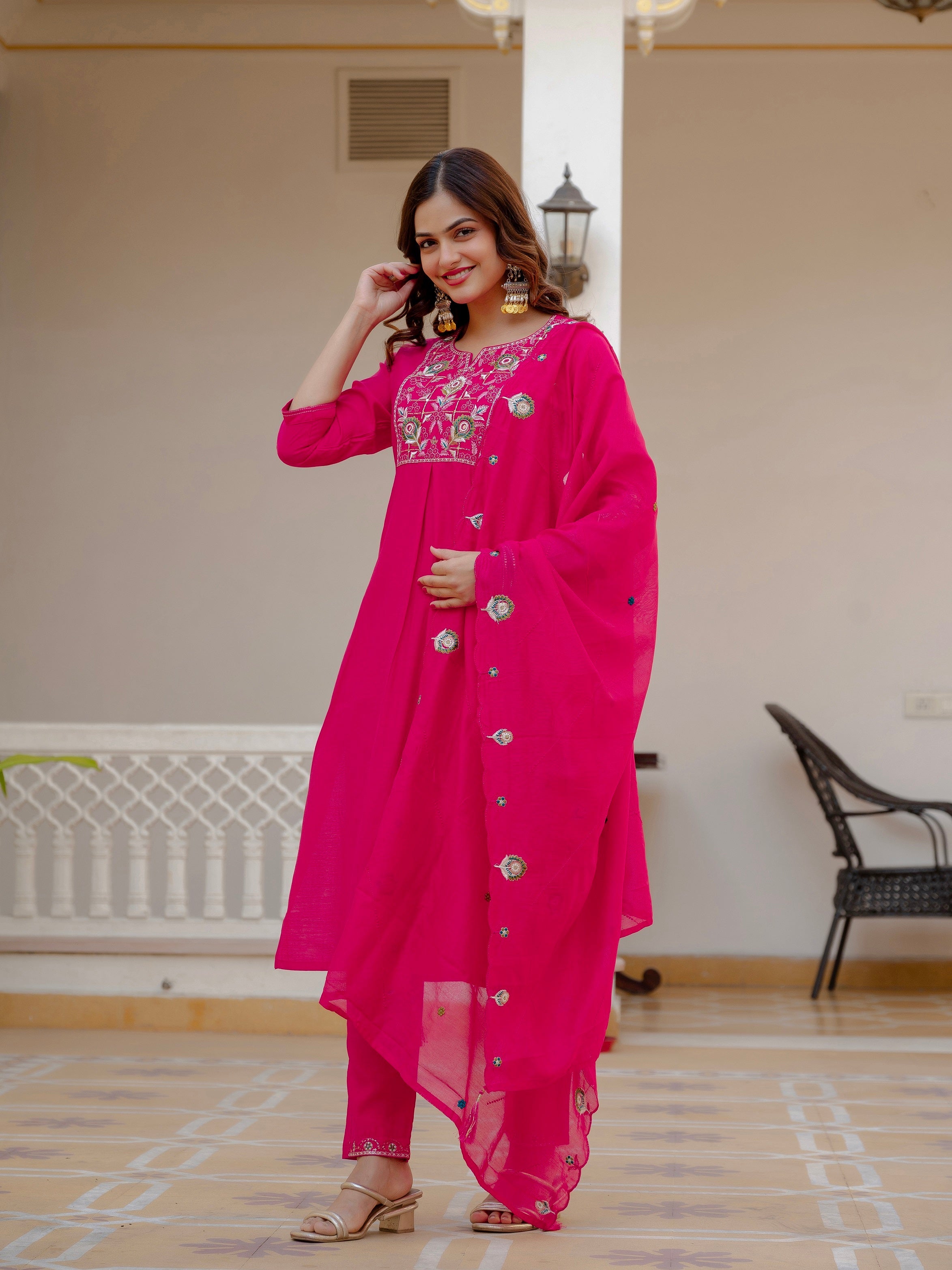 Vedant Vastram Viscose Silk Embroidery & Sequence Work Stitched Salwar Suit Set-Pink