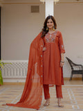 Vedant Vastram Viscose Silk Embroidery & Sequence Work Stitched Salwar Suit Set-Rust
