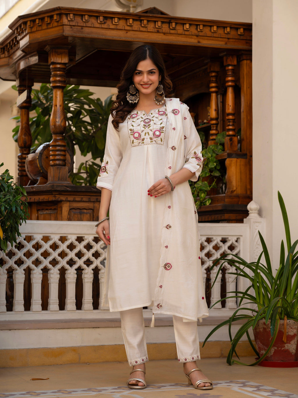Vedant Vastram Viscose Silk Embroidery & Sequence Work Stitched Salwar Suit Set-White