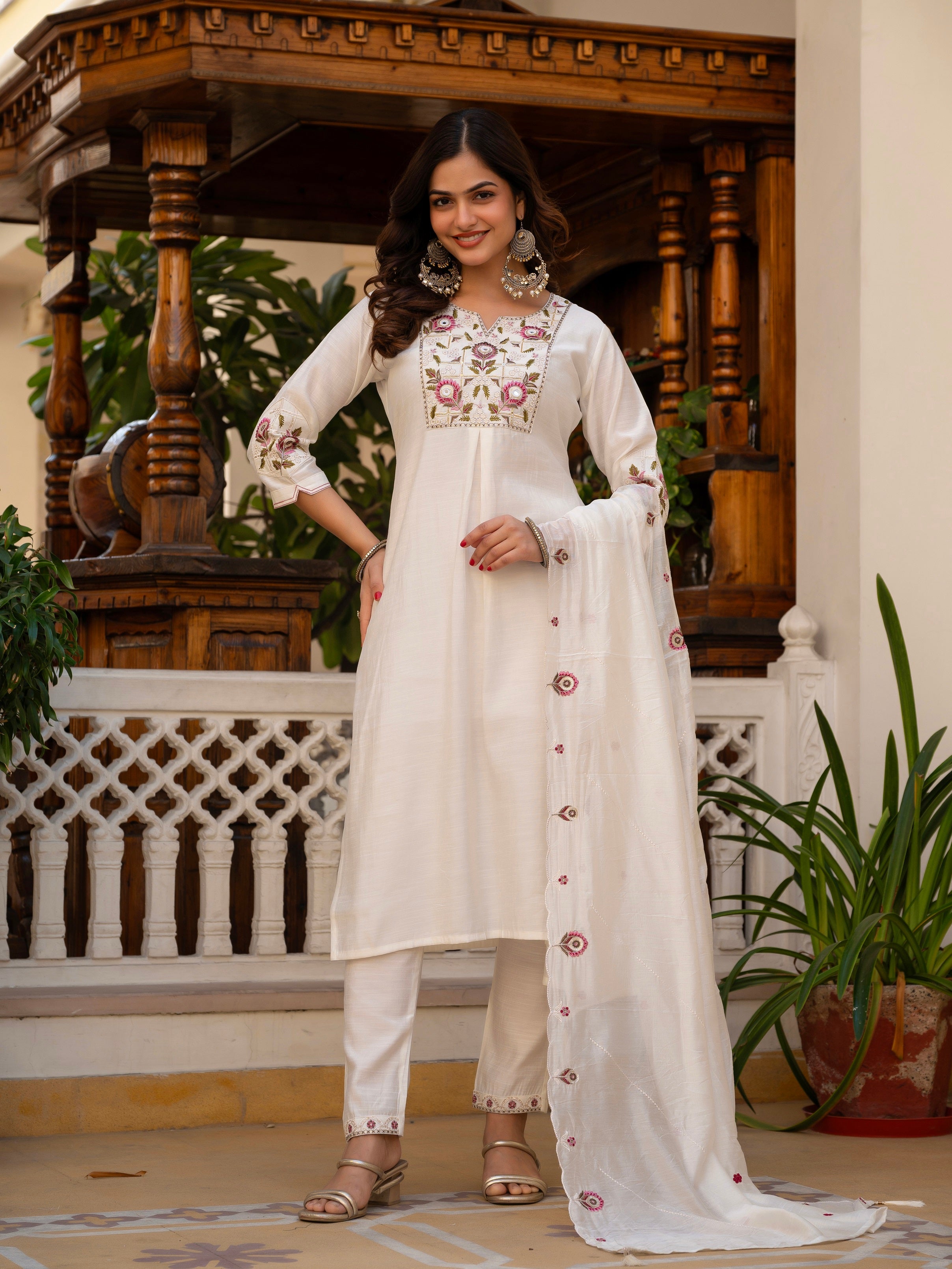Vedant Vastram Viscose Silk Embroidery & Sequence Work Stitched Salwar Suit Set-White