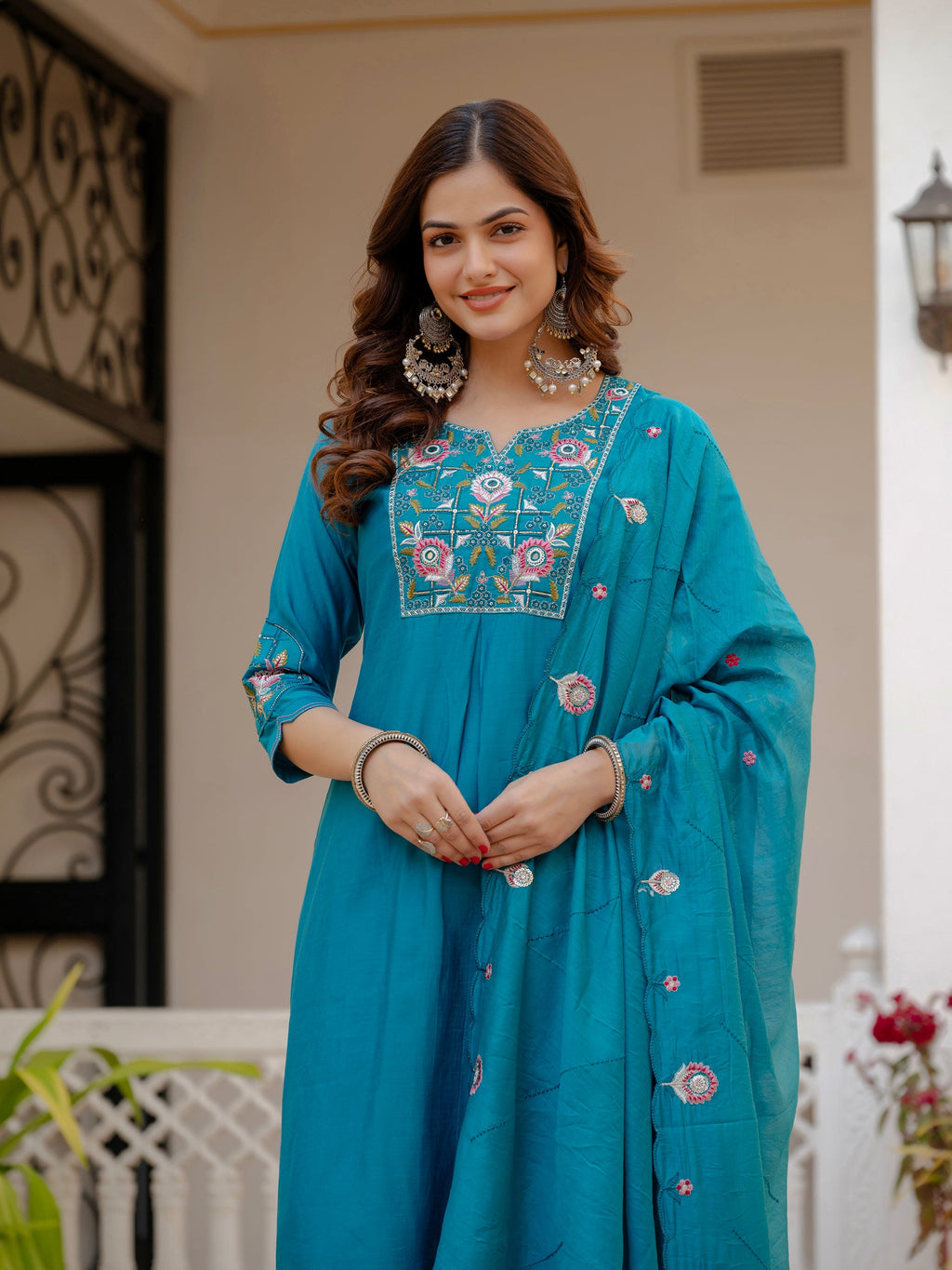 Lorenvalley Fashion Firozi Viscose Mango Silk Multi Embroidery Sequins With Hand Work Kurta Pant Dupatta
