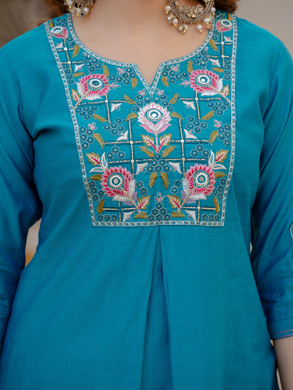 Lorenvalley Fashion Firozi Viscose Mango Silk Multi Embroidery Sequins With Hand Work Kurta Pant Dupatta