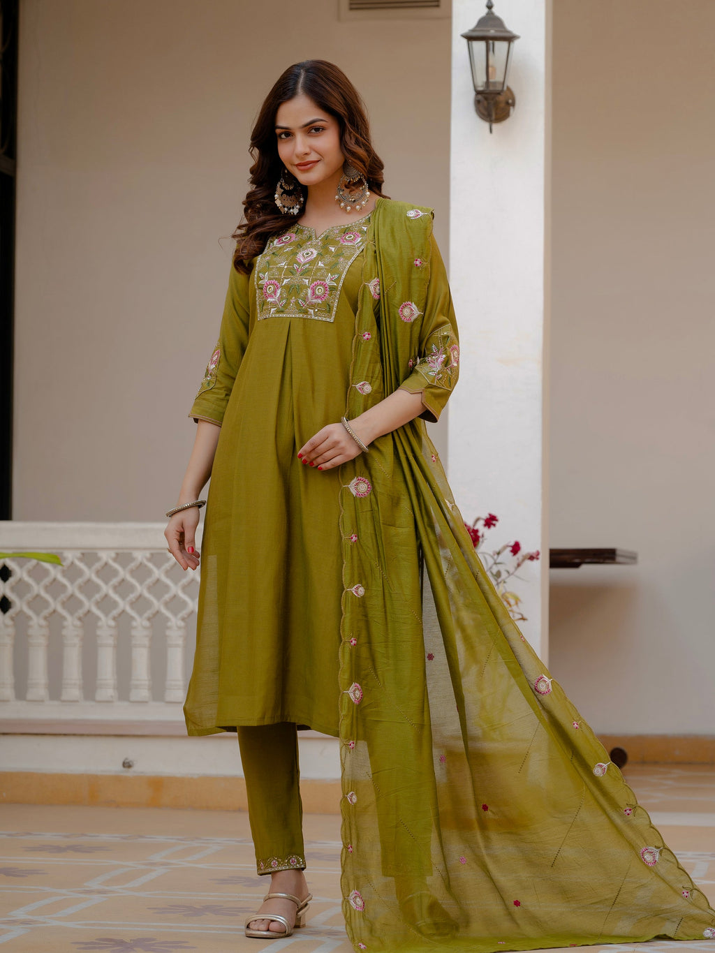Lorenvalley Fashion Mehendi Viscose Mango Silk Multi Embroidery Sequins With Hand Work Kurta Pant Dupatta