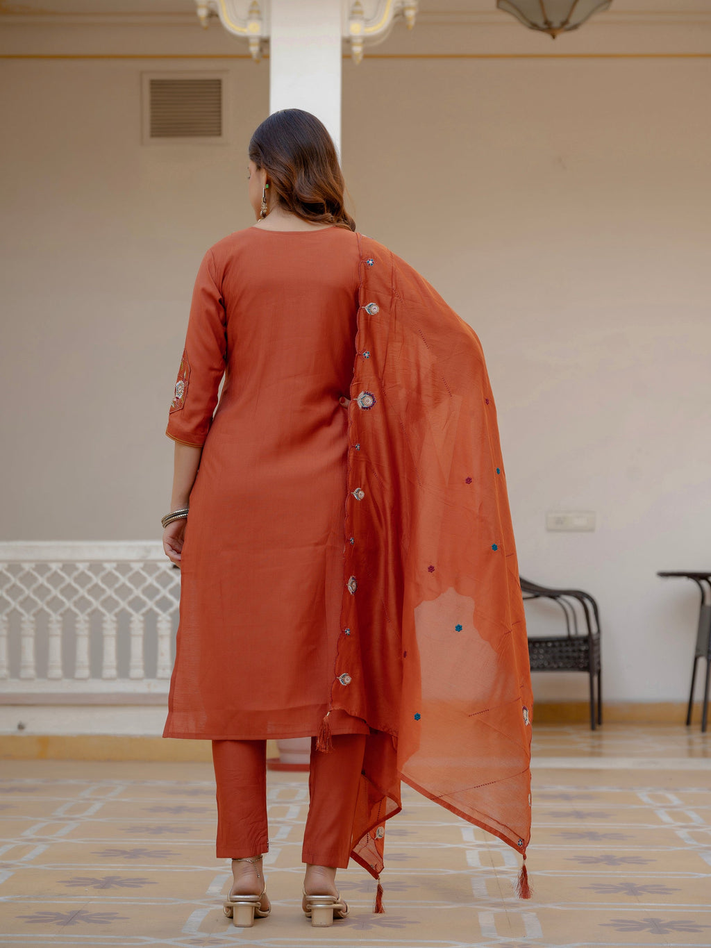 Lorenvalley Fashion Rust Viscose Mango Silk Multi Embroidery Sequins With Hand Work Kurta Pant Dupatta