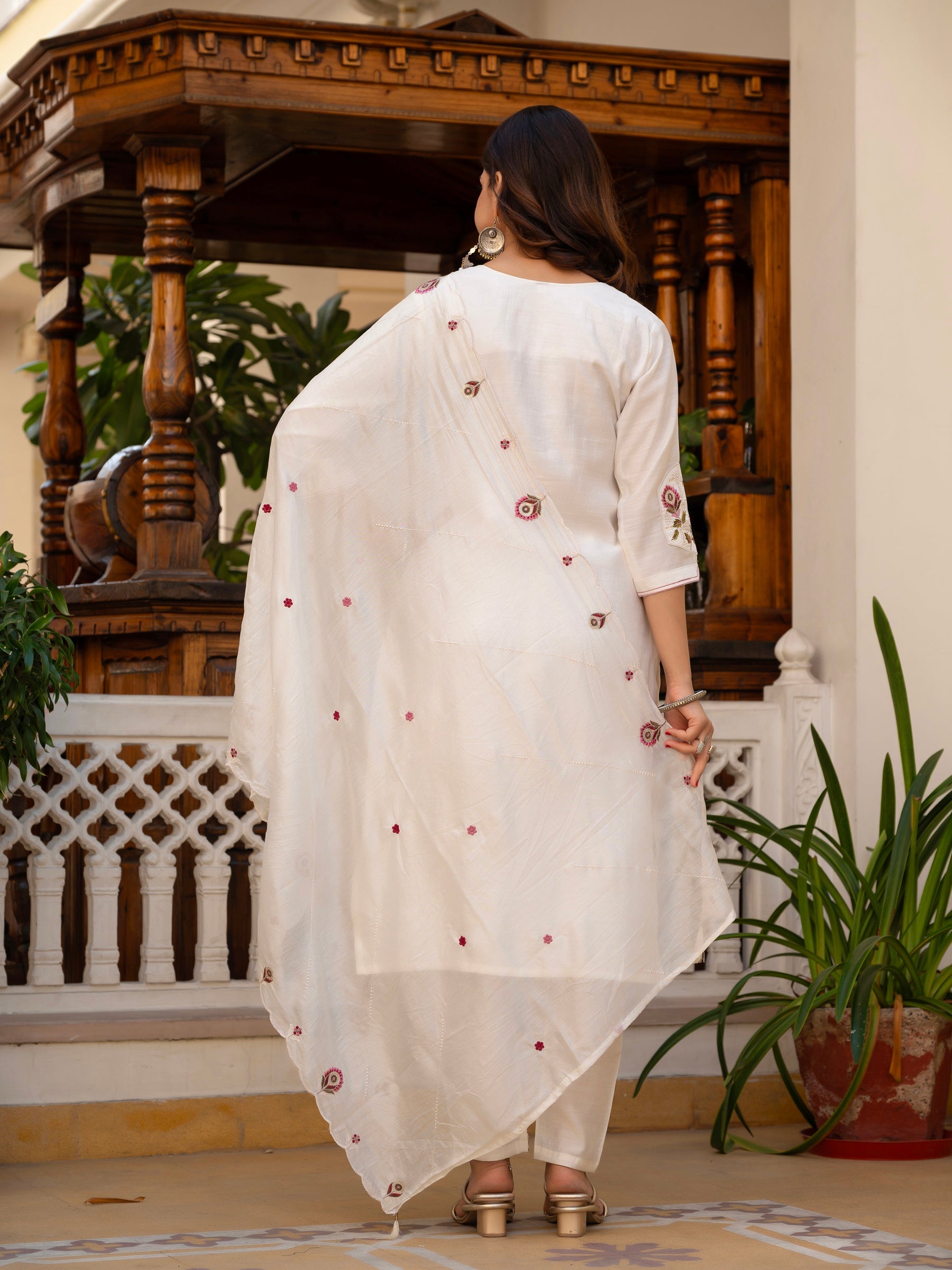 Lorenvalley Fashion White Viscose Mango Silk Multi Embroidery Sequins With Hand Work Kurta Pant Dupatta