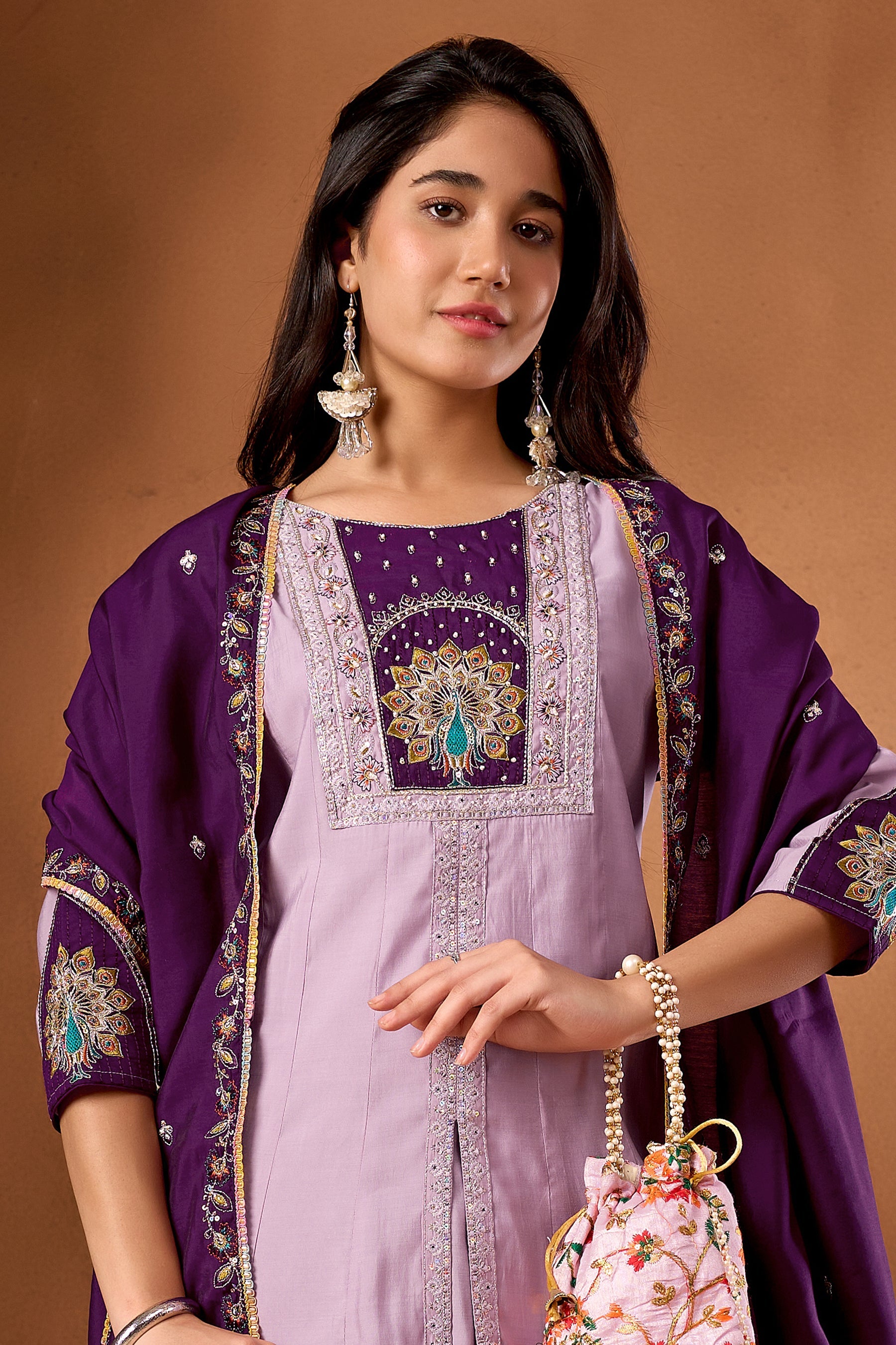 Lorenvalley Fashion Lavender Roman Silk Multi Embroidery Thread With Beautiful Hand Work Kurta Palazzo Dupatta