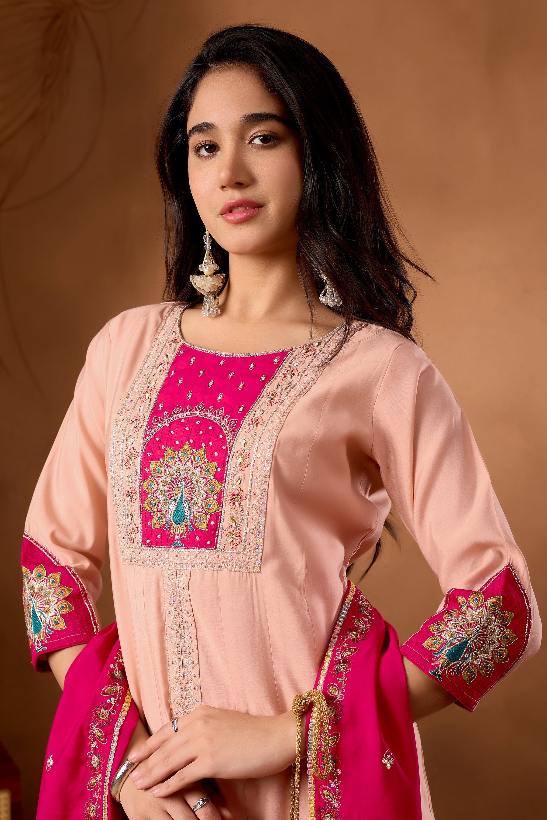 Lorenvalley Fashion Peach Roman Silk Multi Embroidery Thread With Beautiful Hand Work Kurta Palazzo Dupatta