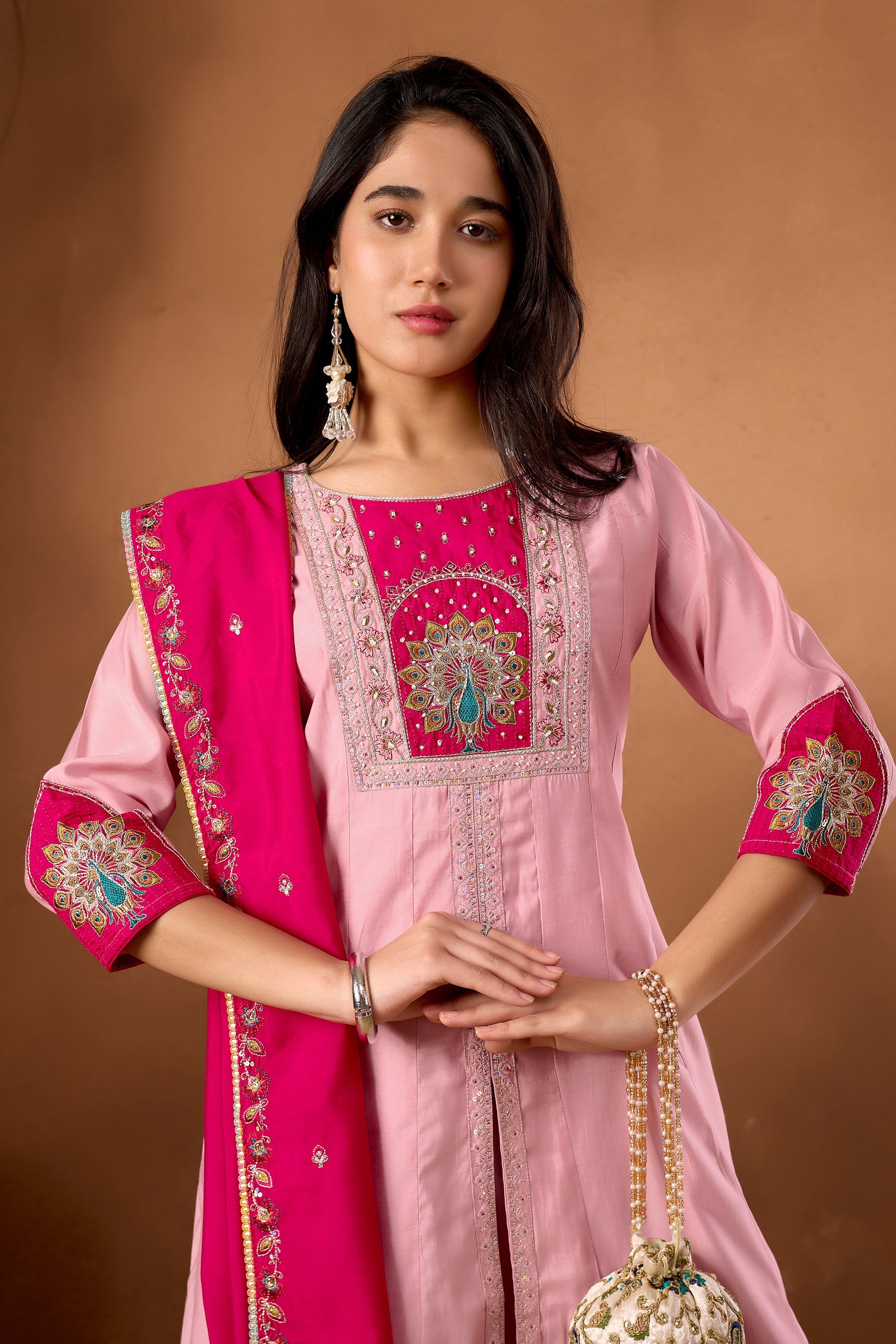 Lorenvalley Fashion Pink Roman Silk Multi Embroidery Thread With Beautiful Hand Work Kurta Palazzo Dupatta
