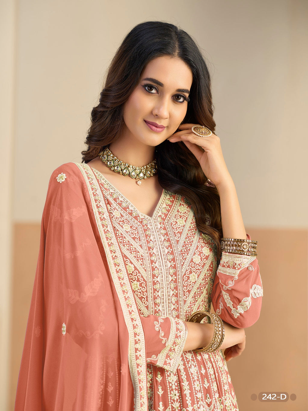 Anaita Light Orange Heavy Embroidered Faux Georgette Anarkali Suit With Salwar