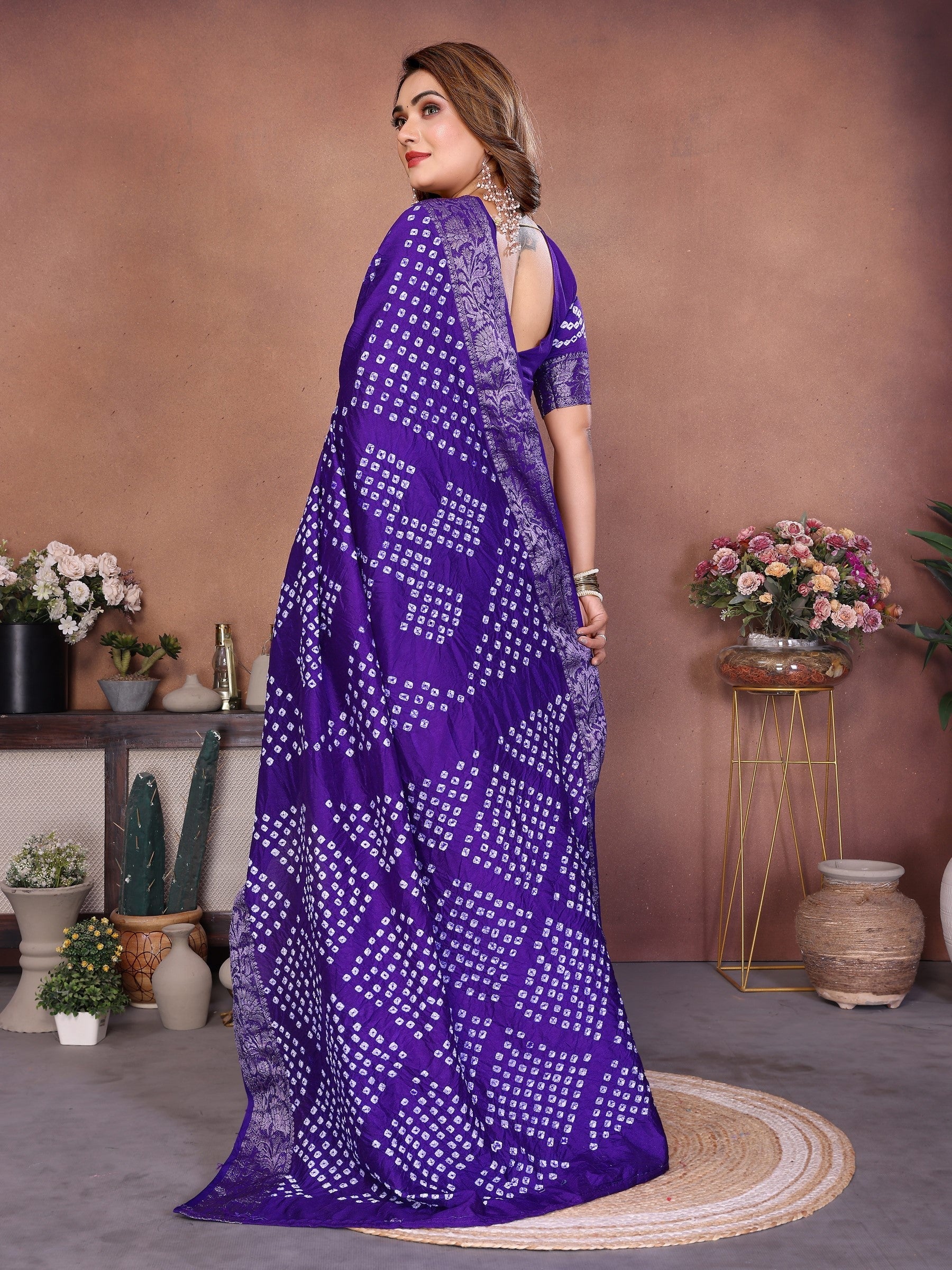 Anaita Blue Handmade Bandhej Viscose Silk Saree With Blouse