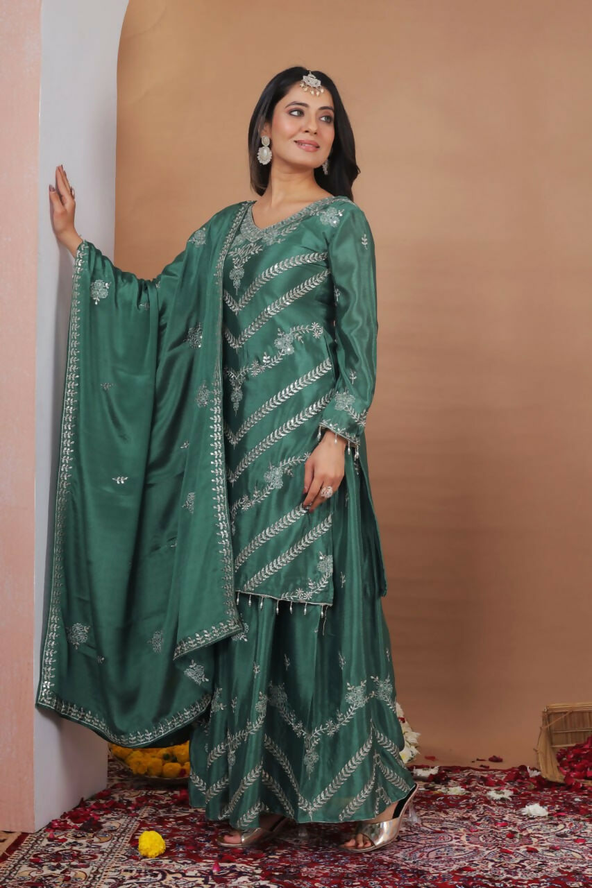Joban Fashion Green Silk Embroidered Sharara Set