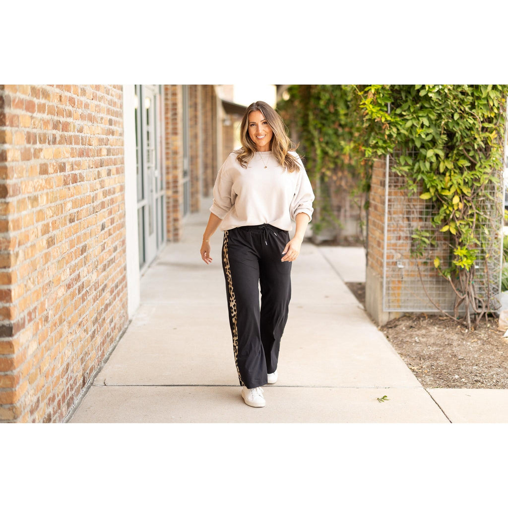 Ready to Ship | The Chelsea - Black Wide Leg with Leopard Panel Loungers