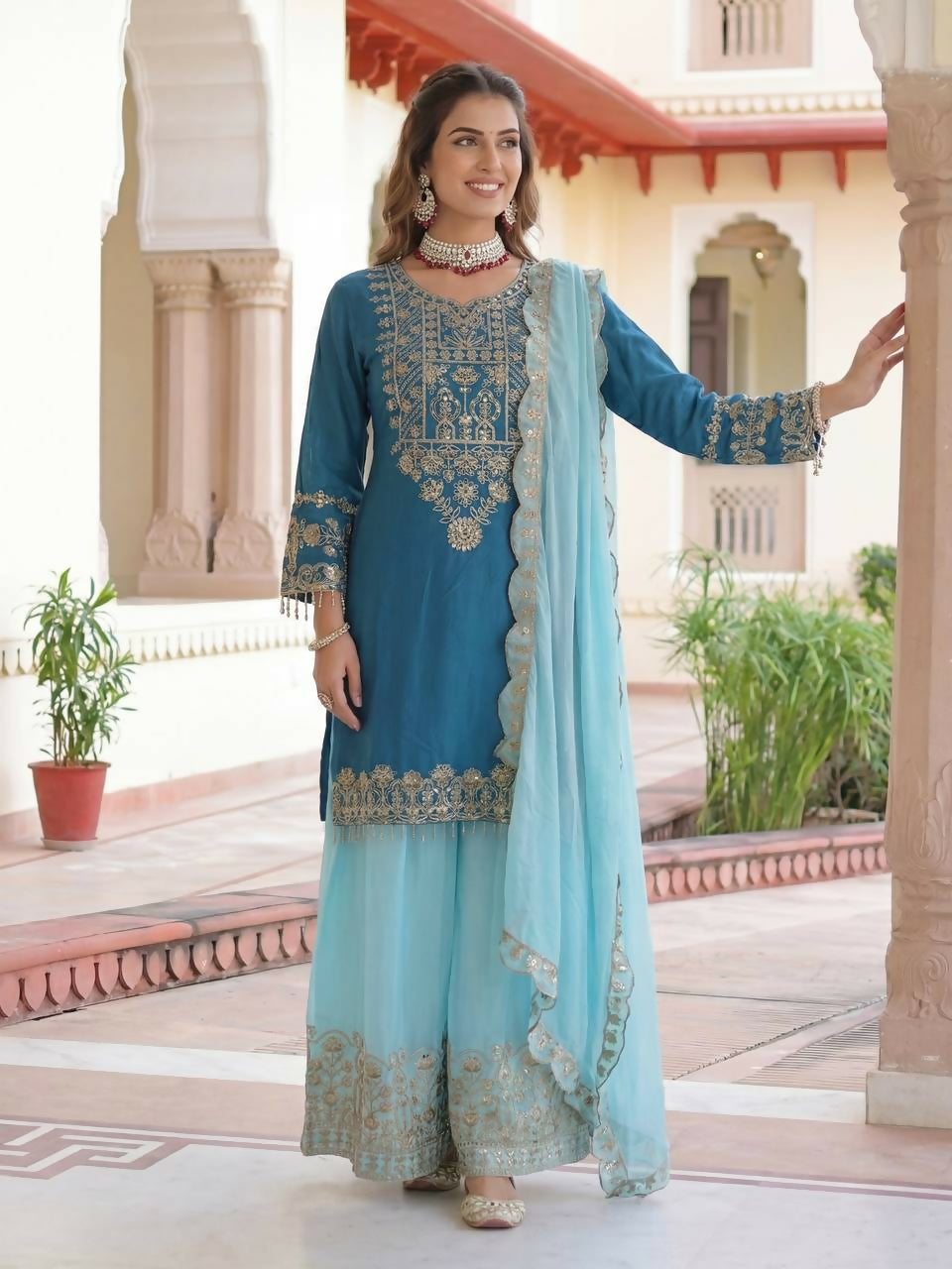 Teeya Creation Sky Chinon Silk Designer Wedding Wear Embroidery Work Palazzo