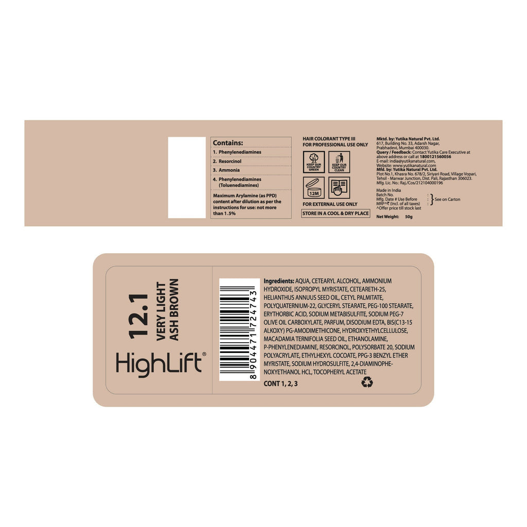 Yuthika Professional High lift Creme Hair Colour 12.1 Very Ash Brown