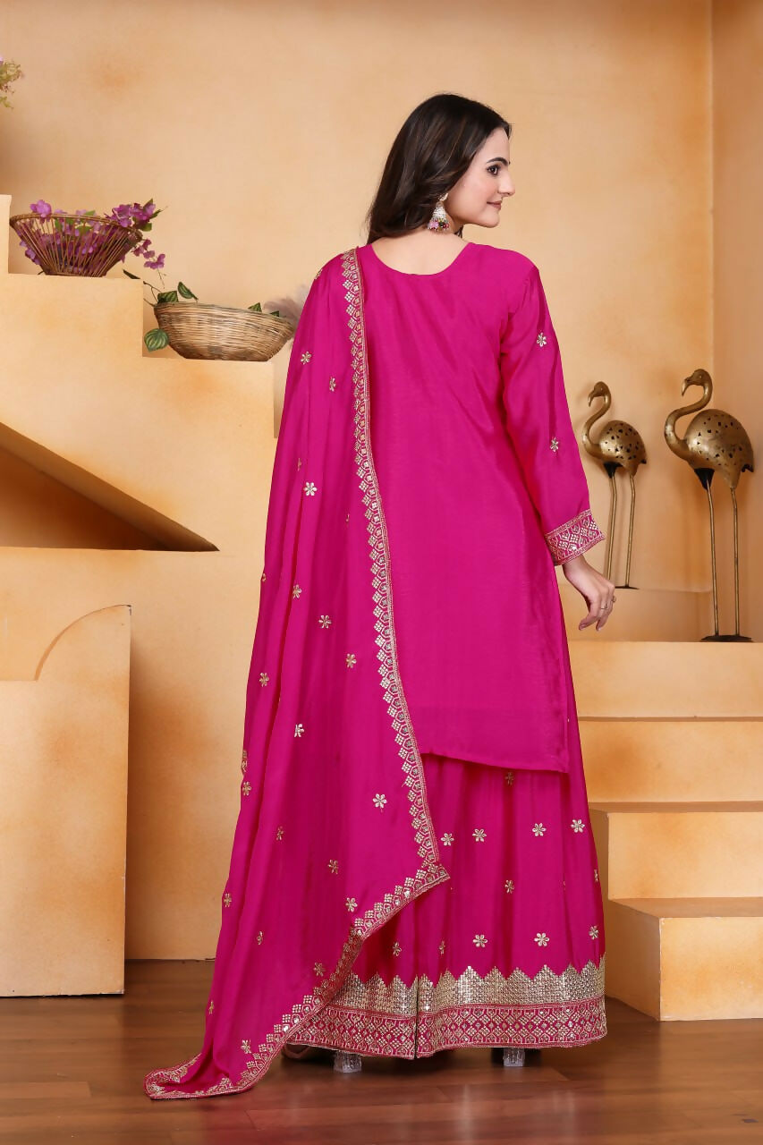Teeya Creation Pink Color Chinon Silk Wedding Wear Trending Palazzo Set