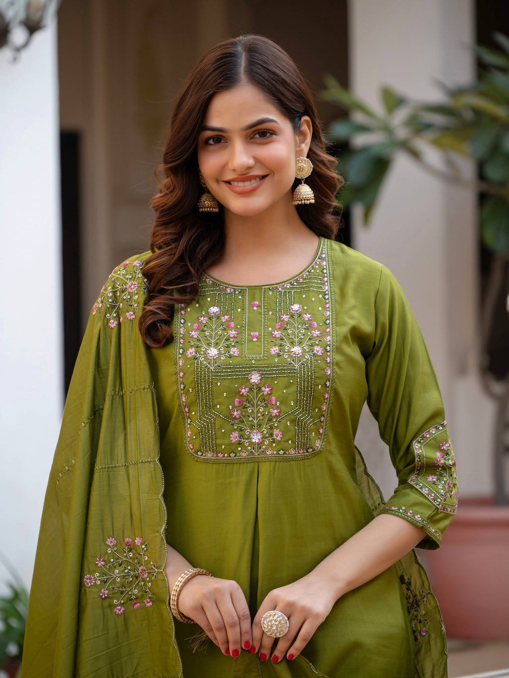 Pramukh Fab Olive Color Viscose Mango Silk Kurta Set