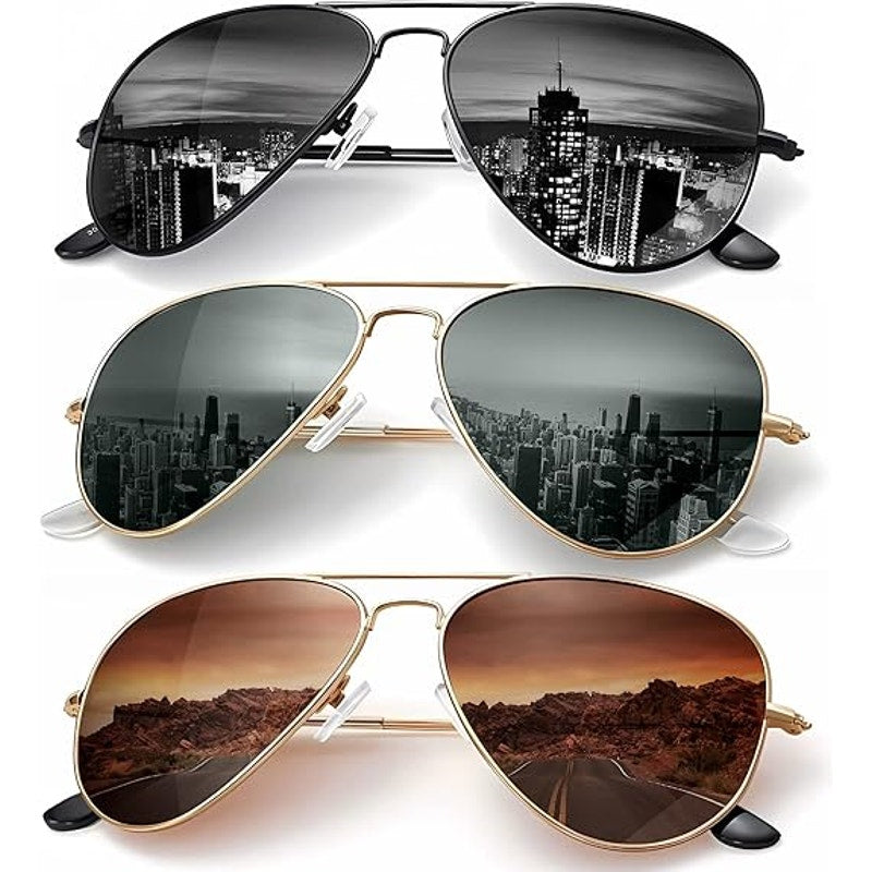 New 3-Pack Kaliyadi Mens Black Brown Gray Classic Aviator UV Blocking Sunglasses