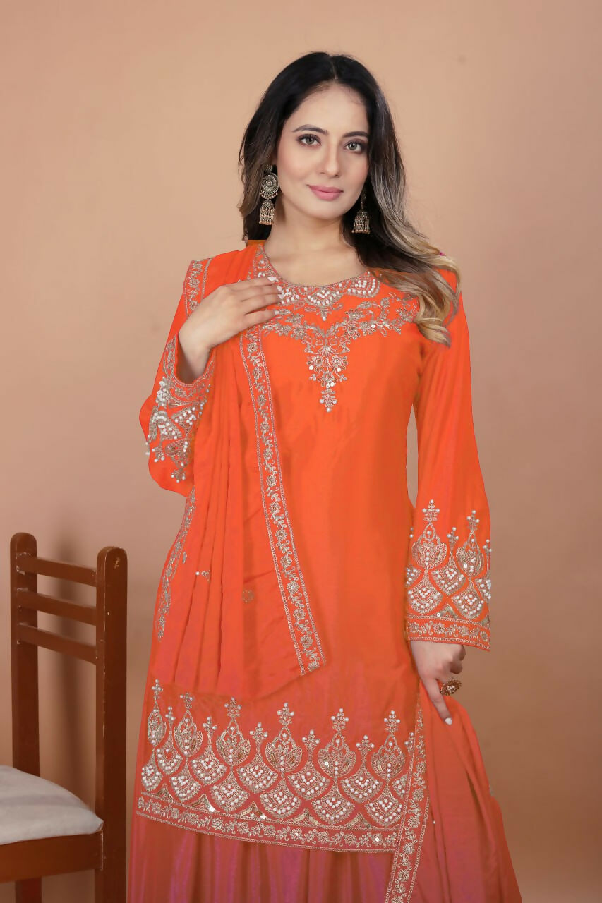 Teeya Creation Orange Chinon Embroidery Work Party Wear Palazzo Suit