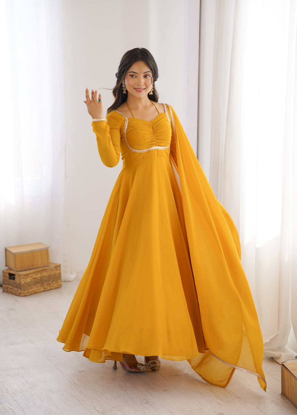 Lorenvalley Fashion Yellow Faux Georgette Fancy Designer Yoke Dori Neck Anarkali Gown with Dupatta