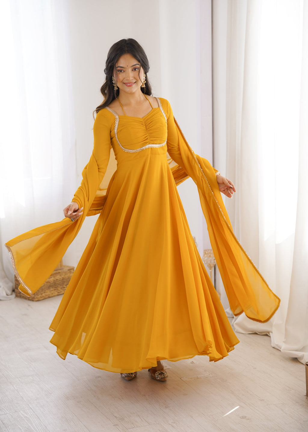 Lorenvalley Fashion Yellow Faux Georgette Fancy Designer Yoke Dori Neck Anarkali Gown with Dupatta