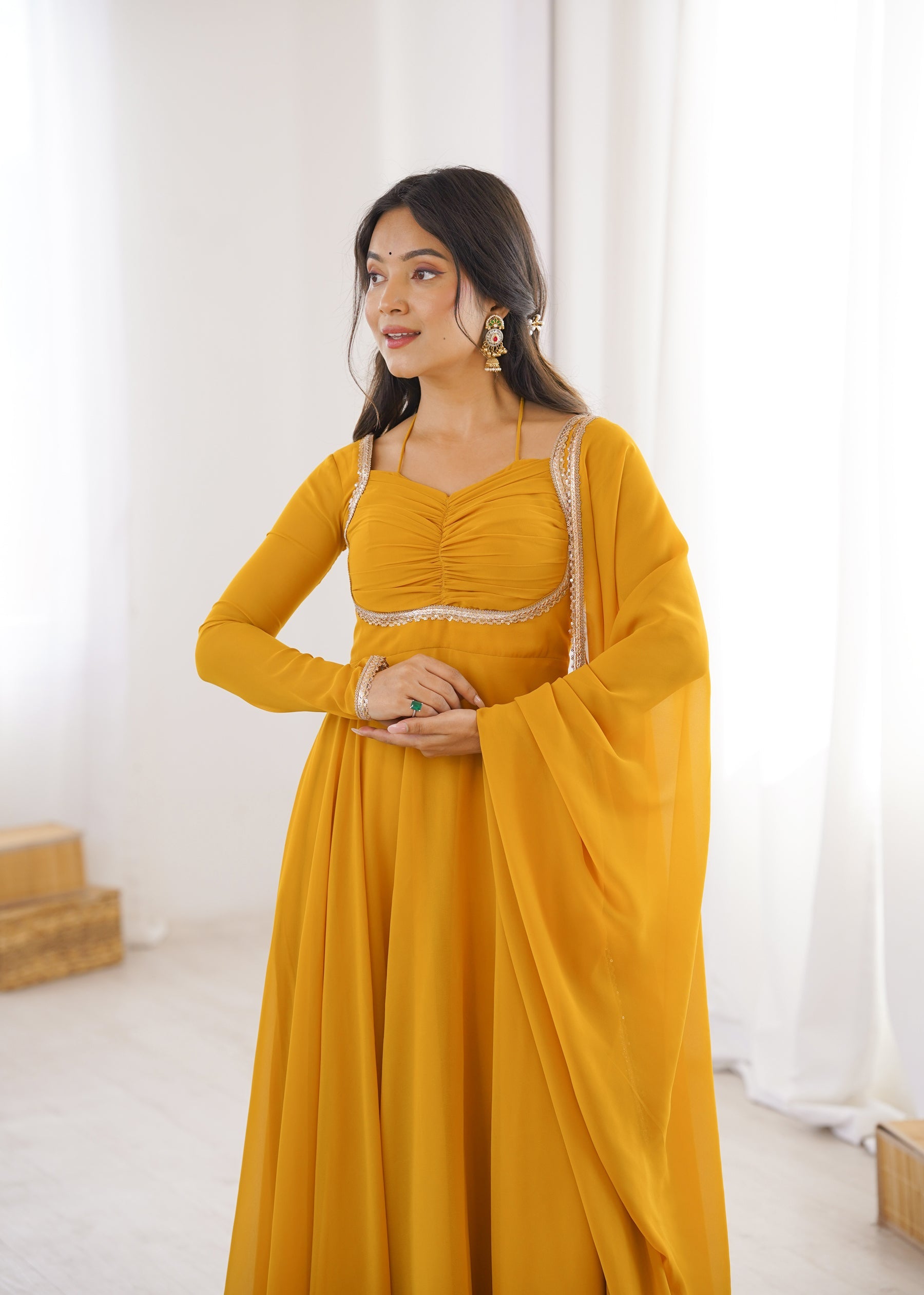 Lorenvalley Fashion Yellow Faux Georgette Fancy Designer Yoke Dori Neck Anarkali Gown with Dupatta