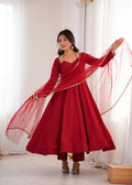 Lorenvalley Fashion Maroon Roman Silk Chanderi Yoke Fancy Lace Pattern Anarkali Gown Pant With Dupatta