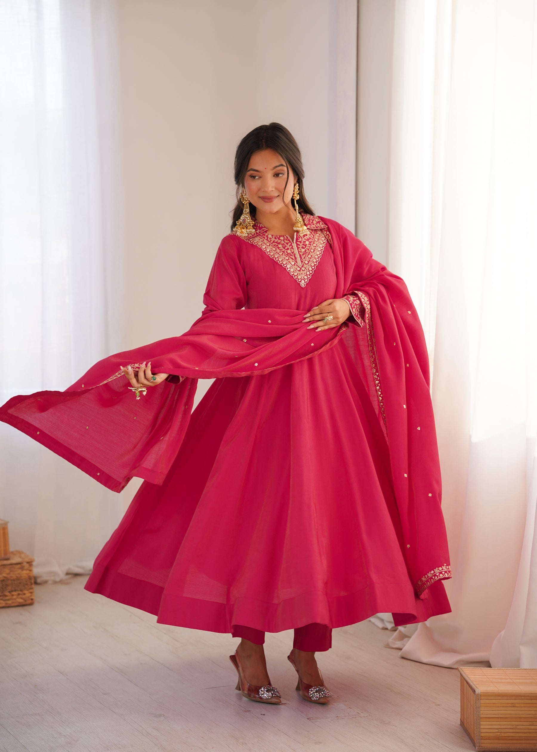 Lorenvalley Fashion Magenta Roman Shimmer Silk Sequence and Jari work Anarkali Gown Pant with Dupatta