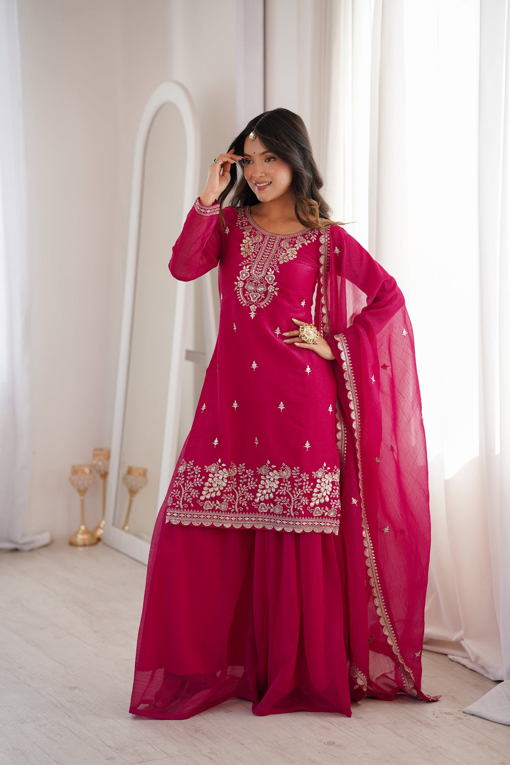 Lorenvalley Fashion Magenta Soft Crunchy Silk Fabric with Embroidery Sequence, Thread and Jari Work Kurta Palazzo with Dupatta