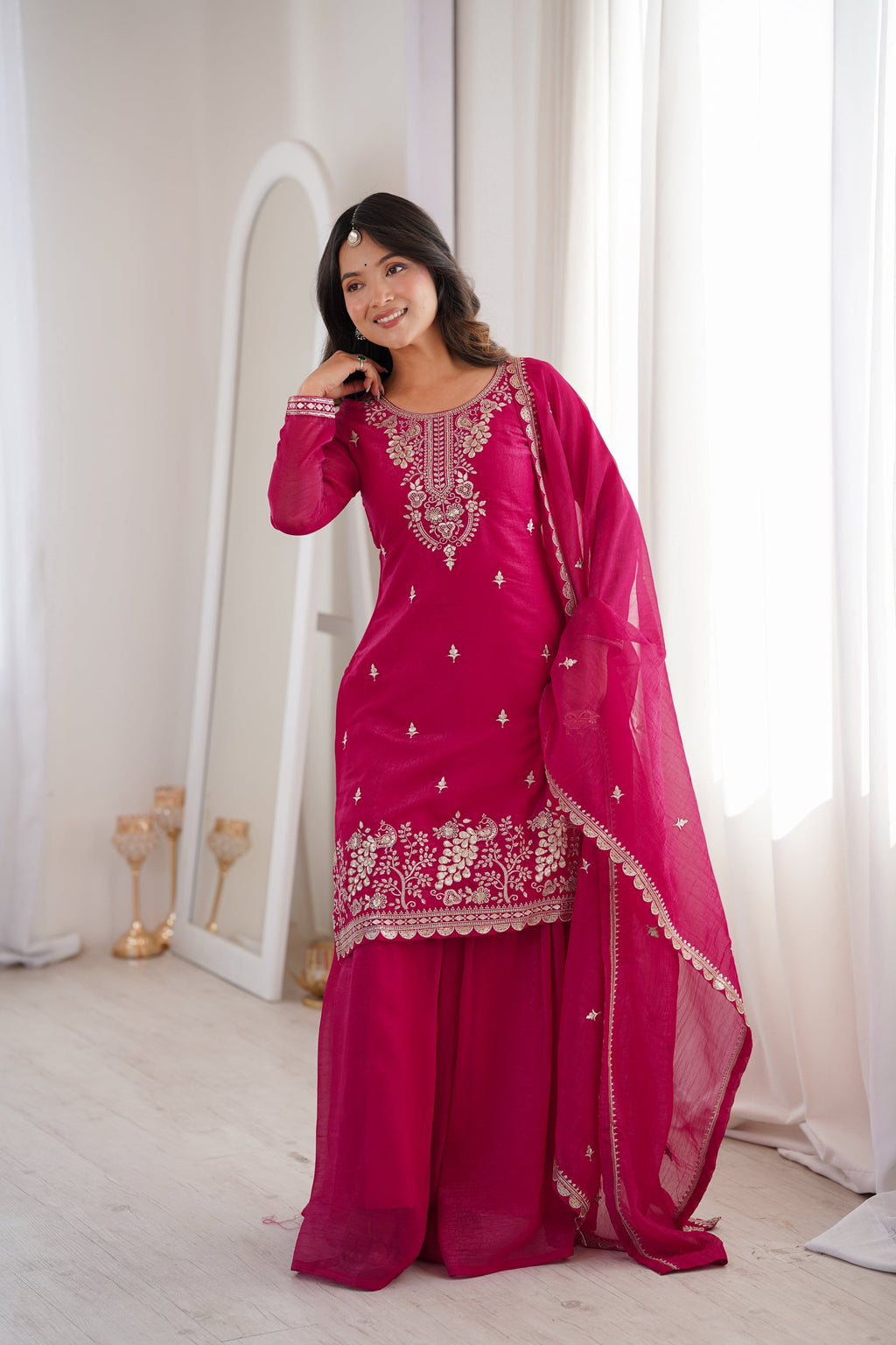 Lorenvalley Fashion Magenta Soft Crunchy Silk Fabric with Embroidery Sequence, Thread and Jari Work Kurta Palazzo with Dupatta
