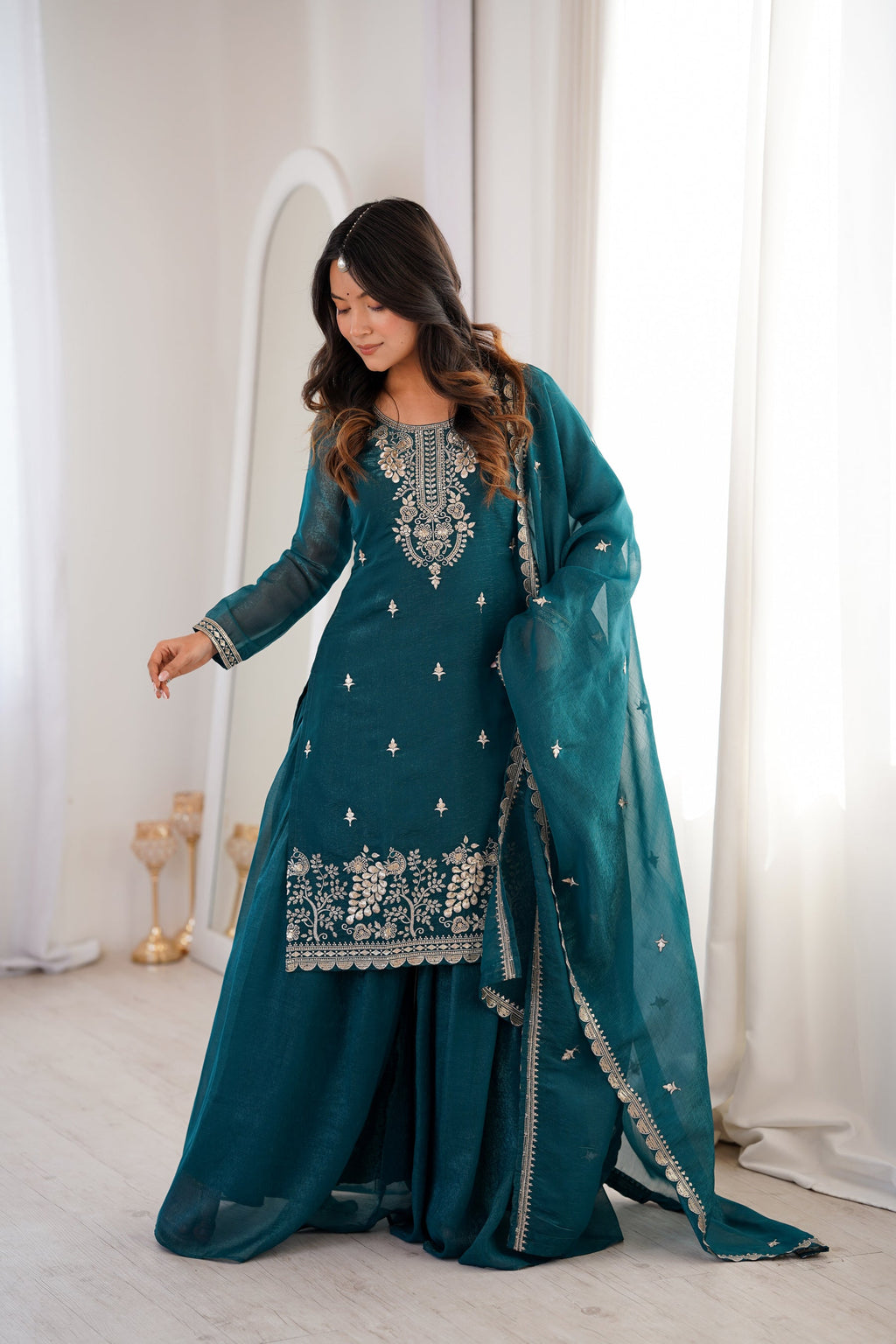 Lorenvalley Fashion Teal Soft Crunchy Silk Fabric with Embroidery Sequence, Thread and Jari Work Kurta Palazzo with Dupatta