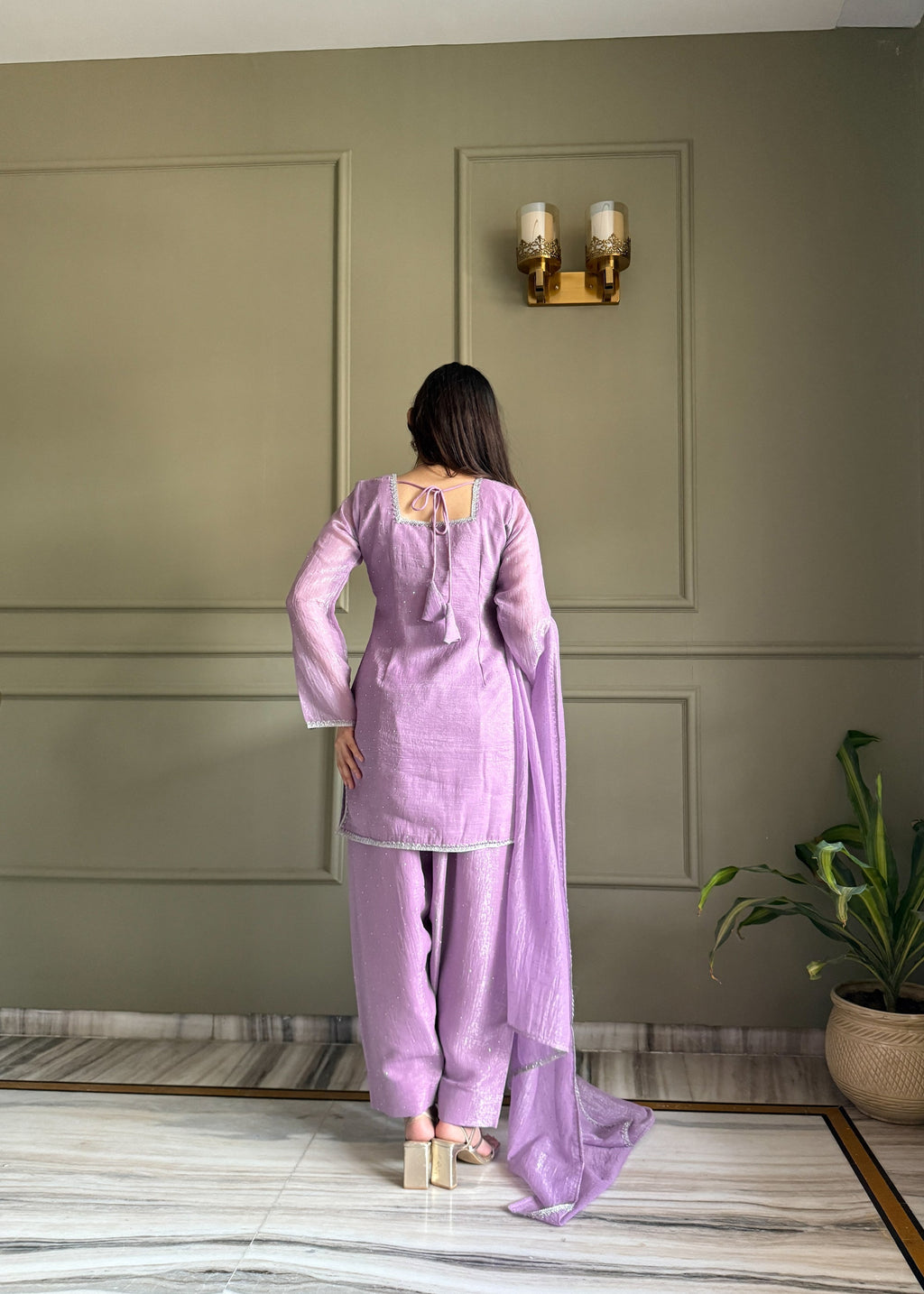 Lorenvalley Fashion Lavender Crunchy Silk with Siroski Work with Fancy Lace Work Kurta Salwar with Dupatta