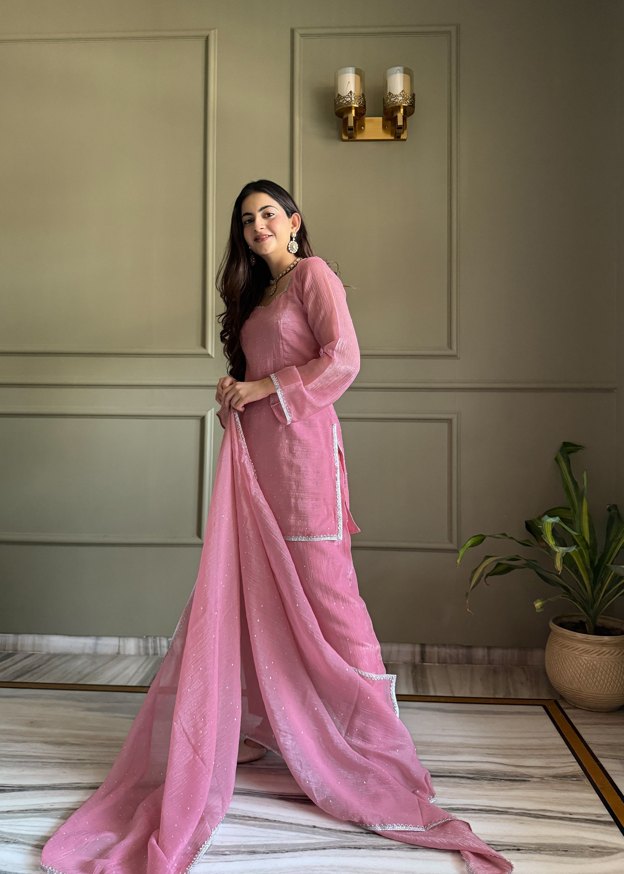 Lorenvalley Fashion Pink Crunchy Silk with Siroski Work with Fancy Lace Work Kurta Salwar with Dupatta
